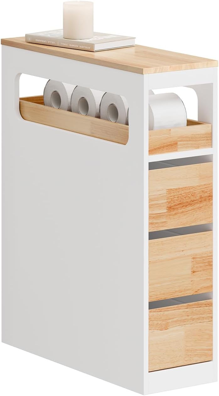 Smalt badeværelsesskab på hjul med 3 skuffer, pladsbesparende rullebord til badeværelse og toilet